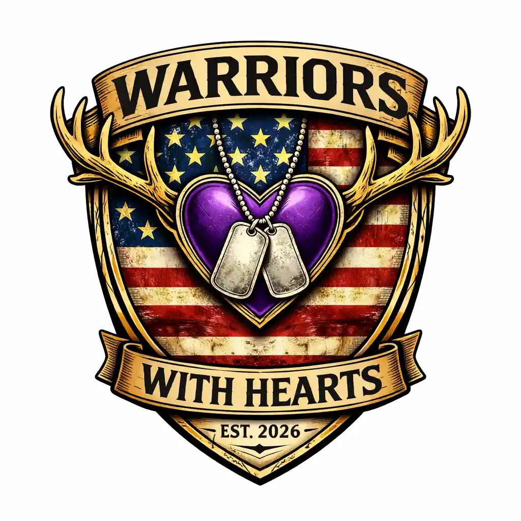Warriors with Hearts - Purple heart with dog tags on American flag background